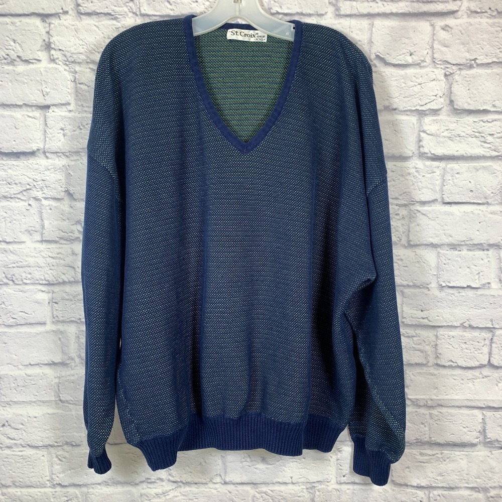 St Croix 2XL Mens V Neck Sweater Textured Blue with Colorful Flecks